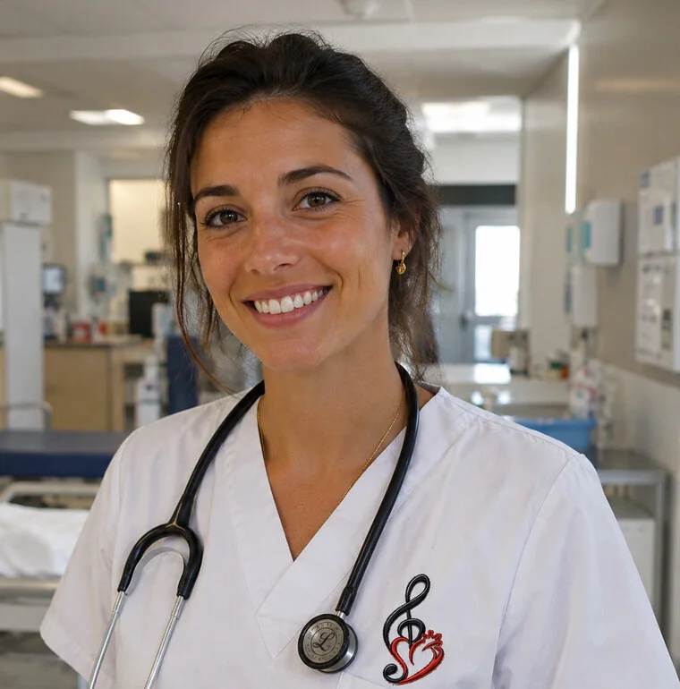 Soignante souriante en tunique blanche brodée du logo Choeur Médical, un stéthoscope autour du cou